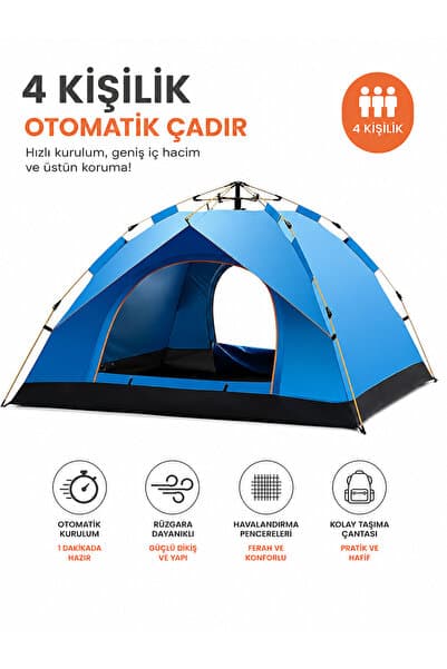 Realx 4 Kişilik Tam Otomatik Kurulum Dayanaklı Gölgelikli Kamp Çadırı 2 Kapılı-Sineklikli 200x200x135 Cm