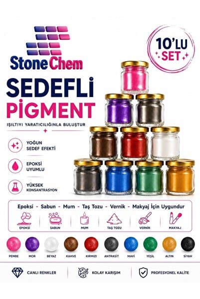 stonechem 10’lu Sedefli Pigment Tozu Seti - Epoksi Reçine, Mum, Sabun, Taş Tozu, Vernik ve Makyaj İçin Yoğun Renk Efektli Pigment