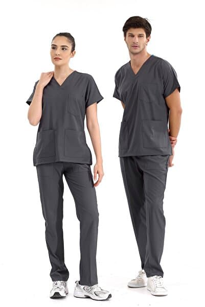 ÇİZGİ MEDİKAL Füme Lüks Likralı Greys Alt Üst Takım Doktor Hemşire Scrubs Üniforma
