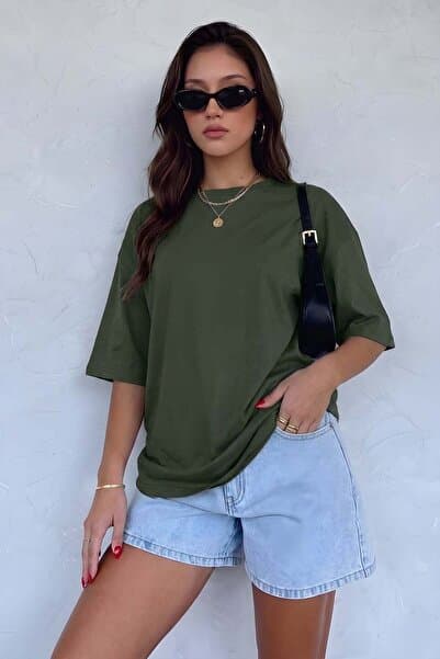 VACHT Kadın Oversize Salaş Tişört Basic Düz Baskısız Haki