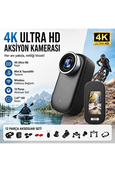ROBEVE 4K Ultra HD Mini Aksiyon Kamerası – 1.47” HD Ekranlı Taşınabilir Wireless Vlog Kamera, 180° Döner Lens, Kablosuz Bağlantı, Fotoğraf & Video Çekimi, 12 Parça Aksesuar Setli Kompakt Cep Kamerası