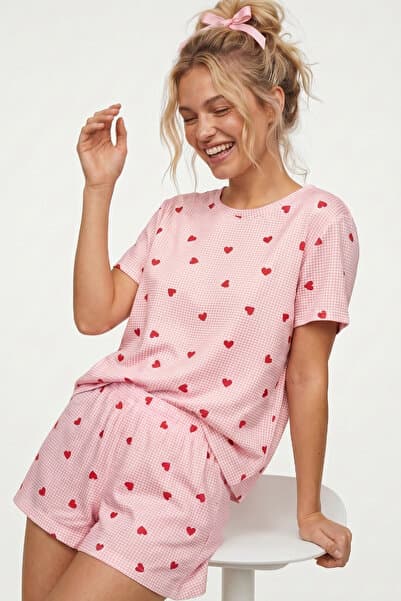 Siyah İnci PEMBE EKOSELI KALP desenli İnce Soft Örme Mevsimlik Şortlu Pijama Takımı 8045