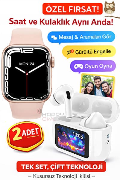 Happy Owl Bluetooth Kulaklık Akıllı Saat & Kablosuz Kulaklık Seti – Telefon Bağlantısı, Gürültü Engelleme, Fotoğraf Ekranı, Oyun Özellikli Çift Teknoloji Paket ANC ENC
