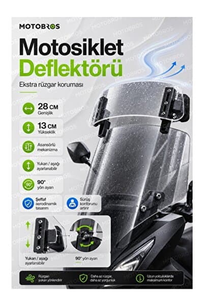 Motobros Motosiklet Ön Cam Deflektörü Şeffaf Motosiklet Cam Üstü Deflektör Asansörlü Rüzgar Kesici Yönlendirici 28 cm