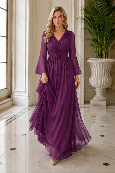 AQE FASHION Kadın Uzun Tül Kollu Kruvaze Yaka Likralı Simli Rahat Kesim Şık Şifon Mürdüm Uzun Abiye Elbise