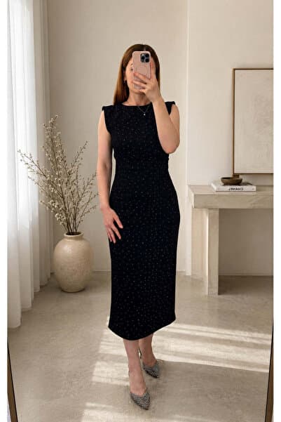 unika boutique Taş Detaylı Drapeli Midi Kalem Elbise