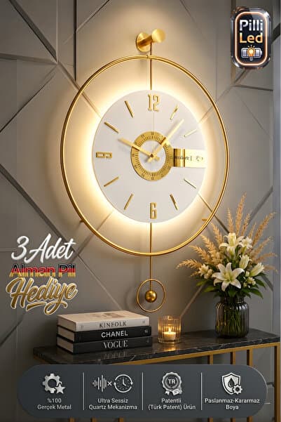 MetaQuartz Aksesuar Timelles Elit Three-büyük Boy(50X75CM)-(PİLLİ LED SİSTEMİ) , Modern Dekoratif Metal Duvar Saati