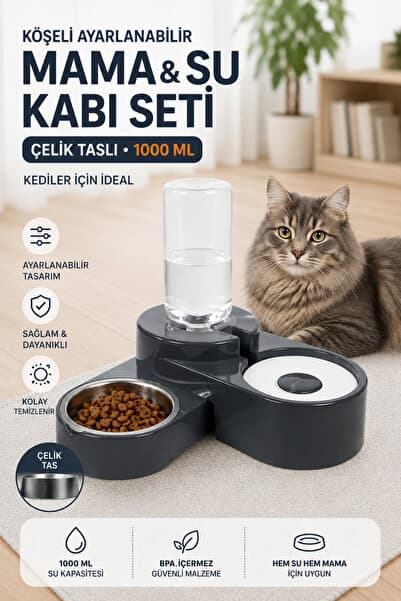 Miapet Köşeli Ayarlanabilir Hazneli Çelik Taslı Kedi-köpek Mama Ve Su Kabı Seti 1000ml