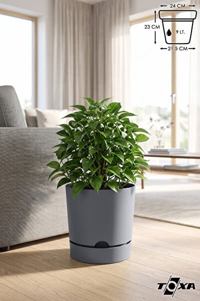ToXA 9 Litre Gri Delikli Saksı Tabaklı Dekoratif Mat Plastik Saksı
