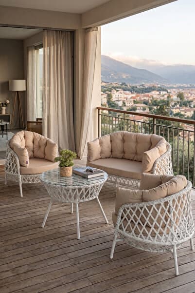 Canisa Viola Serisi 1. Sınıf 2+1+1 Beyaz Rattan Cappucino Minder Bahçe Balkon Oturma Koltuk Takımı