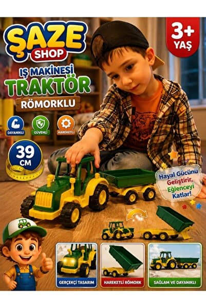 SAZE Römorklu Oyuncak Traktör 39 CM Büyük Boy Hareketli Tarım Aracı Çocuk Oyuncağı 3+ Yaş