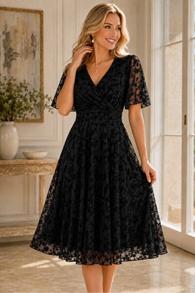 AQE FASHION Kadın Kruvaze Yaka Kısa Kollu Bel Oturtmalı Desenli Astarlı Likralı Şık Siyah Midi Abiye Elbise