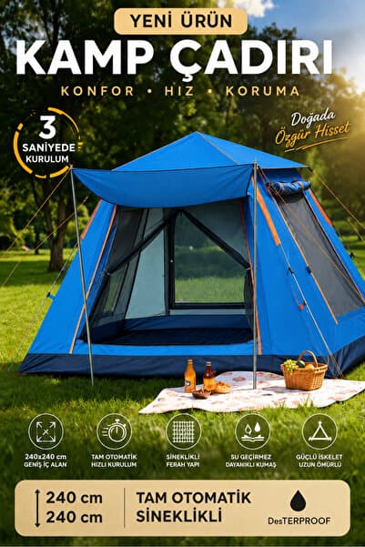 MO DOU Tam Otomatik Kamp Çadırı 240x240 cm 3 Saniyede Kurulum Su Geçirmez Sineklikli Geniş Çadır Outdoor