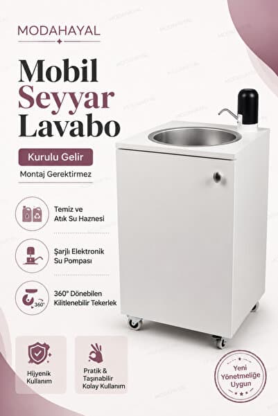 Moda Hayal Mobil Lavabo Seyyar Lavabo Yeni Yönetmeliğe Uygun Model Şarjlı Elektronik Musluklu Çift Su Hazneli 360° Tekerlekli Paslanmaz Evyeli