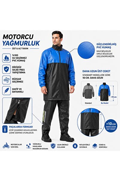 go out Kurye Motorcu Yağmurluk UZUN CEKET %100 Su Geçirmez Alt Üst Takım Yağmurluk Fermuarlı Paça Güçlendirilmiş Omuz Bölgesi