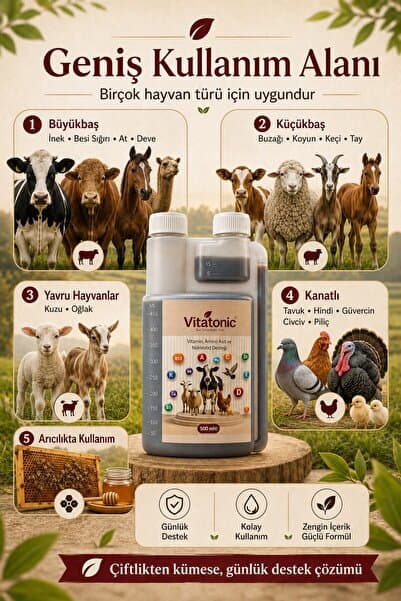 Vitatonic 500 ml Vitamin Amino Asit Sıvı Güvercin Civciv Tavuk Hindi Koyun İnek Keçi Oğlak Arı