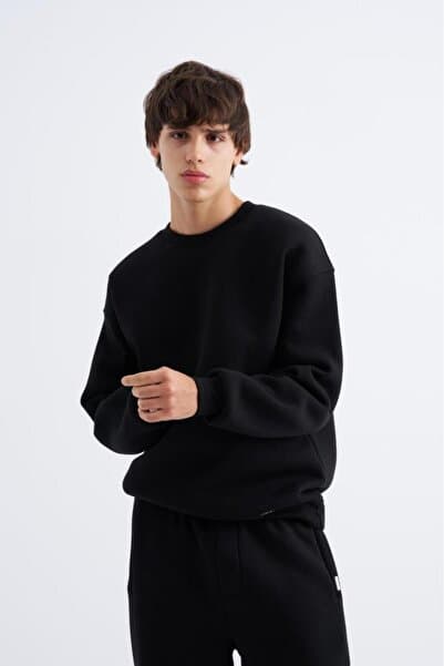Machinist Erkek Basic Bisiklet Yaka Oversize Sweatshirt Siyah
