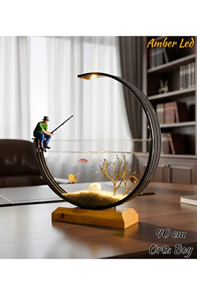 Poyel Decor Modern Tasarım Dekoratif Akvaryum – Amber Led Aydınlatmalı 40 cm +Balık Tutan Adam Figürü