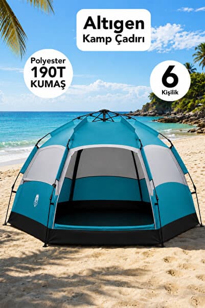 Fischer Altıgen Kamp Çadırı - 6 Kişilik Polyester 190 T Su Geçirmez Kumaş Outdoor Kamp Çadırı