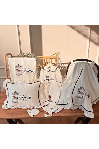 lambkin Baby Kişiye Özel Nakışlı Pamuk Penye Biyeli Yenidoğan Bebek Seti