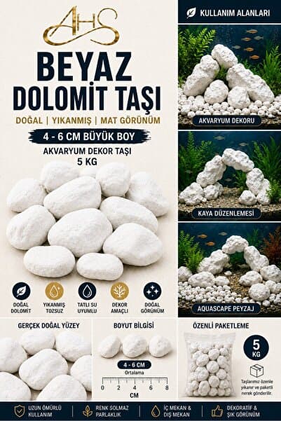 AHS Beyaz Dolomit Taşı 5KG (4-6 CM) | Büyük Boy Peyzaj & Bahçe Dekor Taşı | Mat Görünüm, Yıkanmış Doğal