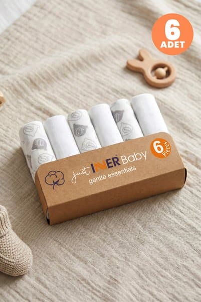 Just inner Erkek Bebek 6'lı %100 Pamuk Ağız Mendili Ayıcık Desenli Kutulu Set Nefes Alan Doku (58220