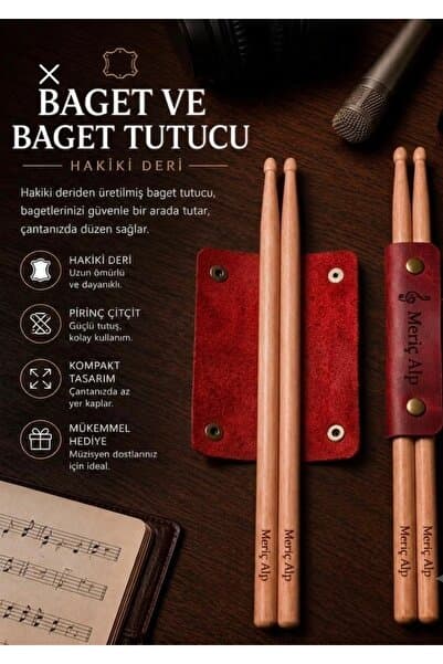cheteen İsme Özel Hakiki Deri Baget Tutucu Ve Baget – Kişiselleştirilebilir Lazer Kazımalı Bateri Seti Kırmızı