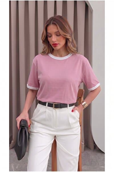 Teenage Millionaire Kadın Şeker Pembe Beyaz Biye Garnili Orta Kalın Soft Kumaş Bisiklet Yaka Yarım Oversize Salaş T-shirt