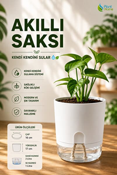 plant-home Akıllı Saksı Kendini Sulayan Saksı Otomatik Sulama Sistemli Su Hazneli Dekoratif Saksı 2 Litre