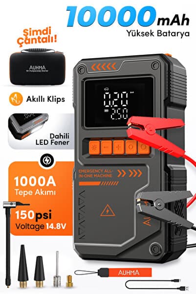 auhma A8822 4-in-1 Akıllı Akü Takviye Cihazı ve Hava Pompası - 10000mAh Powerbank & SOS Fener