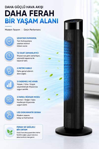 Snailax Uzaktan kumandalı Dijital Ekranlı Ultra Güçlü 45W Serinletici Fan Kule Tipi Vantilatör