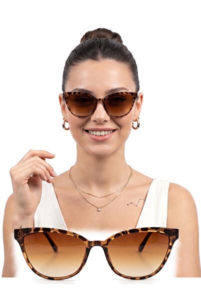 QnQ Cat Eye Leopar Degrade Kahverengi Cam Güneş Gözlüğü Kadın Trend Model Güncel