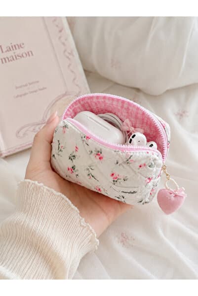 nartella Pembe Gül Desenli Mini Bozuk Para Cüzdanı Mini Kozmetik Makyaj Çantası Mini Boy Organize