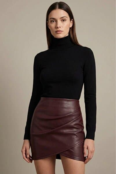Grenj Fashion Bordo Suni Deri Drapeli Yüksek Bel Vücuda Oturan Örme Şardonlu Mini Etek