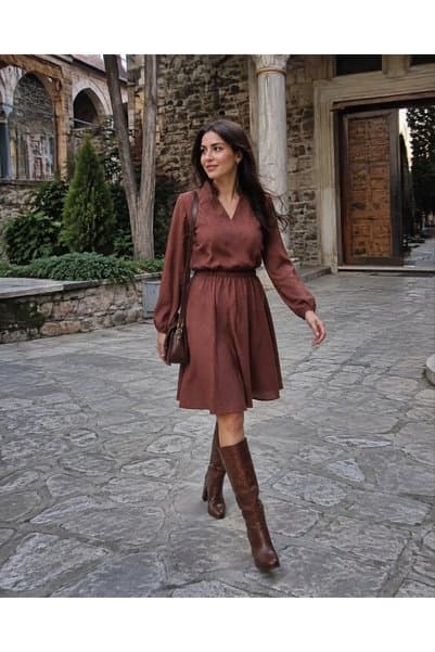 armonika Kadın Kahve Kadife V Yaka Beli Lastikli İnce Fitilli Kloş Elbise ARM-25K001049