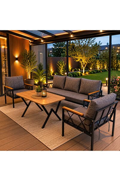 UFUK HOME Miray 311 Masalı Balkon Bahçe Oturma Grubu Minderli Metal Bahçe Mobilyası Takımı Gri