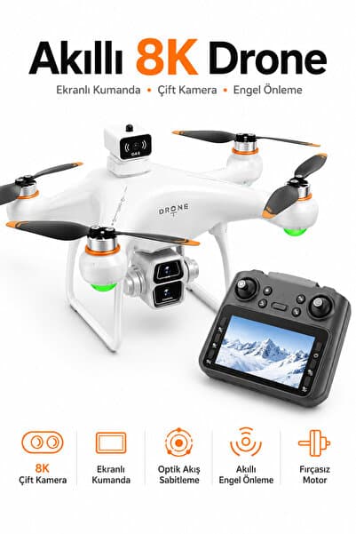 Ayers S12 Akıllı 8K Çift Kameralı Drone, Ekranlı Kumandalı, Engel Sensörlü, Optik Akış Konumlandırmalı, Katlanabilir, Fırçasız Motorlu ve Taşıma Çantalı Profesyonel Drone