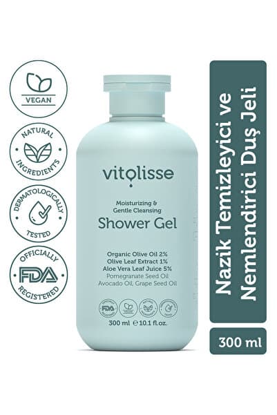 Vitolisse Duş Jeli 300ml – Nazik Temizleyici Nemlendirici Dermatoloji Onaylı Vegan (%2 Organik Zeytinyağı)