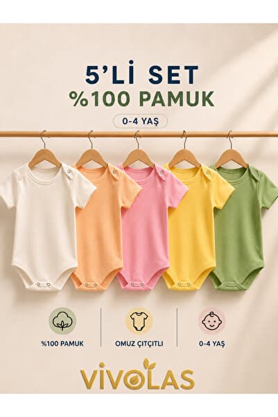 Vivolas %100 Organik Pamuk Kısa Kollu Çıtçıtlı Zıbın 5'Li Set Kız Bebek & Çocuk 0-4 Yaş