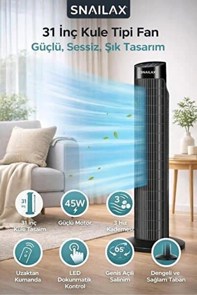 Enshall SNAİLAX Modern Tasarım Dokunmatik 79cm Kule Tipi Vantilatör , Uzaktan Kumandalı Salınımlı Kule Fan 3 Hız Kademeli Vantilatör