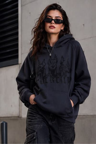 rockcity Antrasit Taşlı Kapüşonlu Oversize Sweatshirt Ünisex