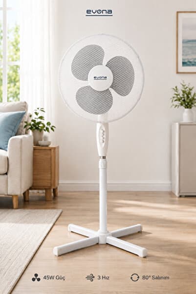 evona 16 İnç Ayaklı Vantilatör Serinletici Soğutucu Fan 45W 3 Kademeli 80° Salınımlı Yükseklik Ayarlı Beyaz