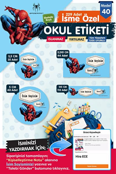 t tuğset etiket Okul Etiketi Spider Man Örümcek Adam Kalem Defter Etiketi Özel İsim Yazılabilen Etiket Seti - İsim E