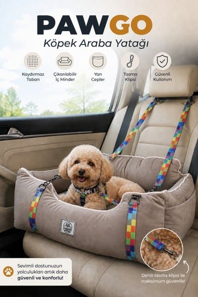 Jungolica Pet Products PawGo, Premium Taşınabilir Kedi ve Köpek Araba Koltuğu, Tasma Klipsli, Ayarlanabilir Kayışlı