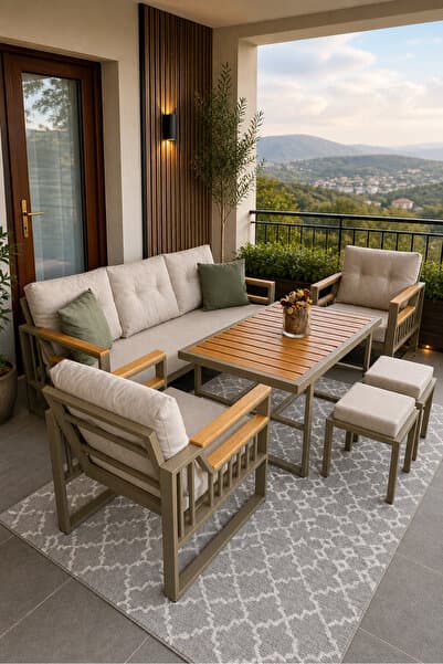 Rovena ESİNTİ Balkon Takımı, Cappuccino Bahçe Takımı 5+1 (Masa 70x110 3lü Koltuk 70x180 Tekli Koltuk 70x70)