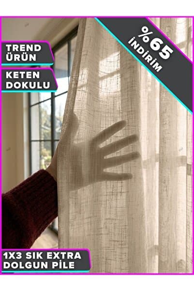 Demor Home Keten Beji Lüks Keten Dokulu 1/3 Sık Pile Zarif Tül Perde | Ütü İstemez | Dolgun Pile | Trend Ürün