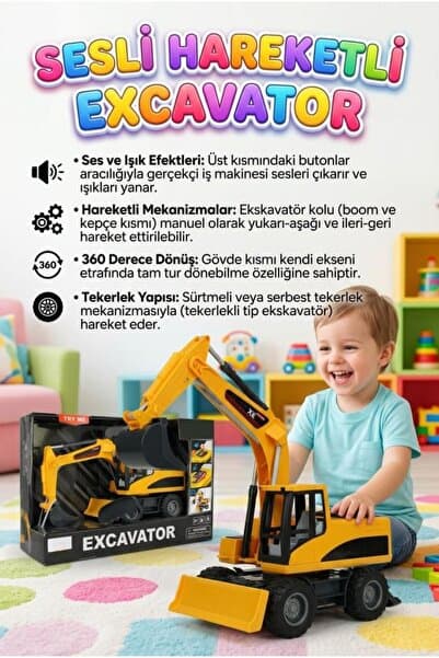 Tıfıl Toys Işıklı Sesli Pilli Buton Fonksiyonlu Hareketli Kollu 360 Derece Dönebilen Gövdeli Oyuncak Ekskavatör