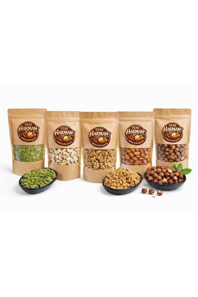 Yeni Harmancı Çiğ Kuruyemiş Avantaj Paketi 2.5 kg(500 Gr. Çiğ Badem İçi, 500 Gr. Çiğ Kabak Çekirdeği İçi, 500 Gr. Çiğ Kaju Fıstığı, 500 Gr. Ceviz İçi, 500 Gr. Çiğ Fındık) 2,5 Kg
