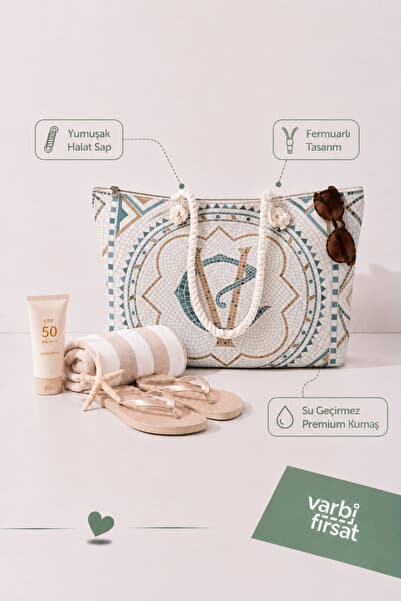 Varbifırsat Tote Plaj Çantası, Fermuarlı Büyük Boy Alışveriş ve Günlük Omuz Çantası 50x30 cm