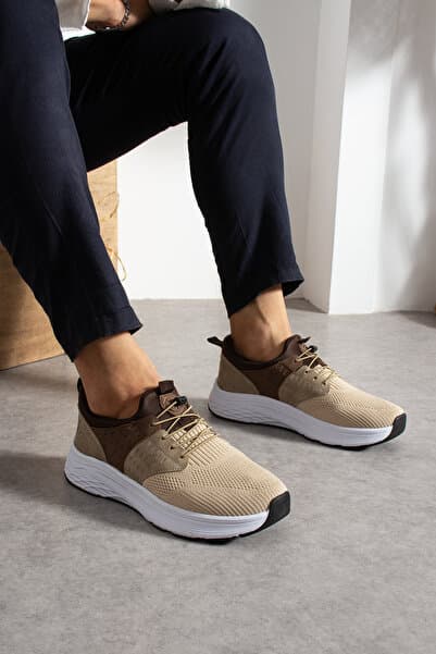 Victoris ARES Erkek Bej Kahve Bağcıklı Hafif Ortopedik Eva Taban Triko Yürüyüş Casual Sneaker Spor Ayakkabı